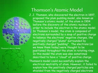 Thomson’s Atomic Model
J. J. Thomson, who discovered the electron in 1897,
proposed the plum pudding model, also known as
Thomson's atomic model, of the atom in 1904
before the discovery of the atomic nucleus in
order to include the electron in the atomic model.
In Thomson's model, the atom is composed of
electrons surrounded by a soup of positive charge
to balance the electrons' negative charges, like
negatively charged "plums" surrounded by
positively charged "pudding" . The electrons (as
we know them today) were thought to be
positioned throughout the atom in rotating rings.
In this model the atom was also sometimes
described to have a "cloud" of positive charge.
Thomson’s model could successfully explain the
electrical neutrality of atom. However, it failed to
explain how the positively charged particles are
shielded from the negatively charged electrons
Thomson’s Atomic Model
 