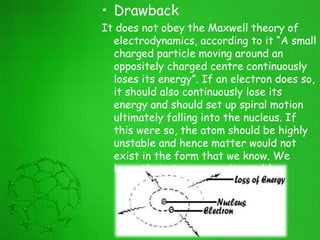 • Drawback
It does not obey the Maxwell theory of
electrodynamics, according to it “A small
charged particle moving around an
oppositely charged centre continuously
loses its energy”. If an electron does so,
it should also continuously lose its
energy and should set up spiral motion
ultimately falling into the nucleus. If
this were so, the atom should be highly
unstable and hence matter would not
exist in the form that we know. We
know that atoms are quite stable.
 