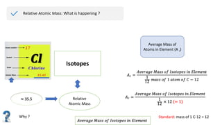 Relative Atomic Mass: What is happening ?
Why ?
Isotopes
Relative
Atomic Mass
Average Mass of
Atoms in Element (A r)
Standard: mass of 1 C-12 = 12
 