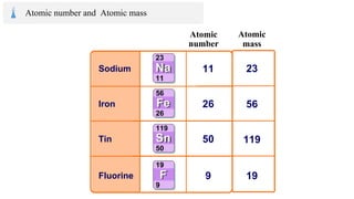 Atomic
number
Atomic
mass
11
26
50
9
Tin
Iron
Sodium
Fluorine
23
56
119
19
Atomic number and Atomic mass
 