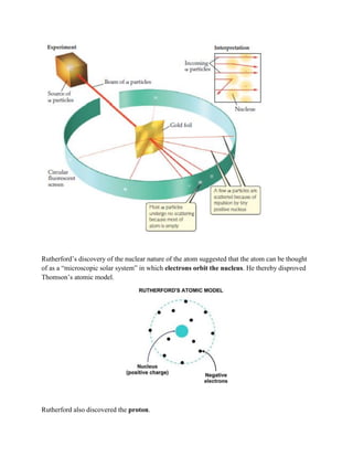 Rutherford’s discovery of the nuclear nature of the atom suggested that the atom can be thought
of as a “microscopic solar system” in which electrons orbit the nucleus. He thereby disproved
Thomson’s atomic model.
Rutherford also discovered the proton.
 