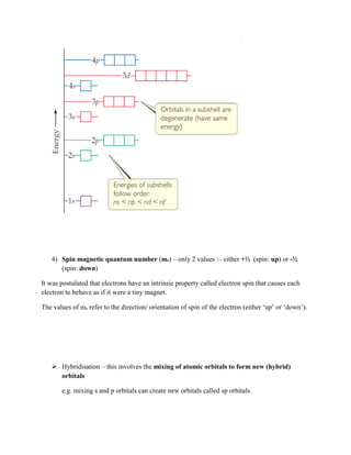 4) Spin magnetic quantum number (ms) – only 2 values :– either +½ (spin: up) or -½
(spin: down)
It was postulated that electrons have an intrinsic property called electron spin that causes each
electron to behave as if it were a tiny magnet.
The values of ms refer to the direction/ orientation of spin of the electron (either ‘up’ or ‘down’).
 Hybridisation – this involves the mixing of atomic orbitals to form new (hybrid)
orbitals
e.g. mixing s and p orbitals can create new orbitals called sp orbitals.
 