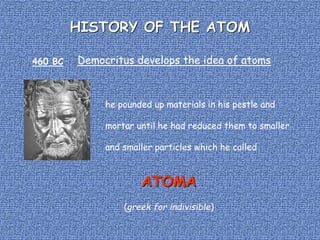HISTORY OF THE ATOM
460 BC Democritus develops the idea of atoms
he pounded up materials in his pestle and
mortar until he had reduced them to smaller
and smaller particles which he called
ATOMA
(greek for indivisible)
 