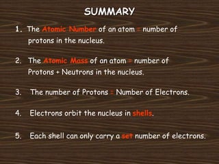 SUMMARY
1. The Atomic Number of an atom = number of
protons in the nucleus.
2. The Atomic Mass of an atom = number of
Protons + Neutrons in the nucleus.
3. The number of Protons = Number of Electrons.
4. Electrons orbit the nucleus in shells.
5. Each shell can only carry a set number of electrons.
 