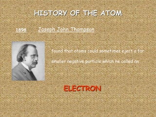 HISTORY OF THE ATOM
1898 Joseph John Thompson
found that atoms could sometimes eject a far
smaller negative particle which he called an
ELECTRON
 