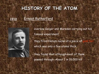 HISTORY OF THE ATOM
1910 Ernest Rutherford
oversaw Geiger and Marsden carrying out his
famous experiment.
they fired Helium nuclei at a piece of gold foil
which was only a few atoms thick.
they found that although most of them
passed through. About 1 in 10,000 hit
 