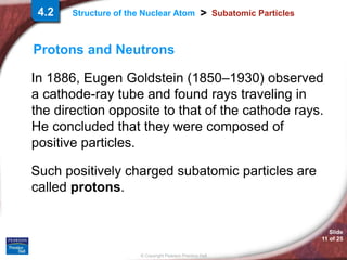 Slide
11 of 25
© Copyright Pearson Prentice Hall
>
Structure of the Nuclear Atom Subatomic Particles
Protons and Neutrons
In 1886, Eugen Goldstein (1850–1930) observed
a cathode-ray tube and found rays traveling in
the direction opposite to that of the cathode rays.
He concluded that they were composed of
positive particles.
Such positively charged subatomic particles are
called protons.
4.2
 