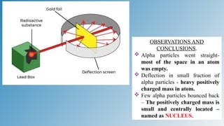 OBSERVATIONS AND
CONCLUSIONS.
 Alpha particles went straight-
most of the space in an atom
was empty.
 Deflection in small fraction of
alpha particles - heavy positively
charged mass in atom.
 Few alpha particles bounced back
– The positively charged mass is
small and centrally located –
named as NUCLEUS.
 