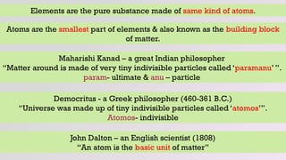 Atoms are the smallest part of elements & also known as the building block
of matter.
Elements are the pure substance made of same kind of atoms.
Maharishi Kanad – a great Indian philosopher
“Matter around is made of very tiny indivisible particles called ‘paramanu’ ”.
param- ultimate & anu – particle
Democritus - a Greek philosopher (460-361 B.C.)
“Universe was made up of tiny indivisible particles called ‘atomos’”.
Atomos- indivisible
John Dalton – an English scientist (1808)
“An atom is the basic unit of matter”
 