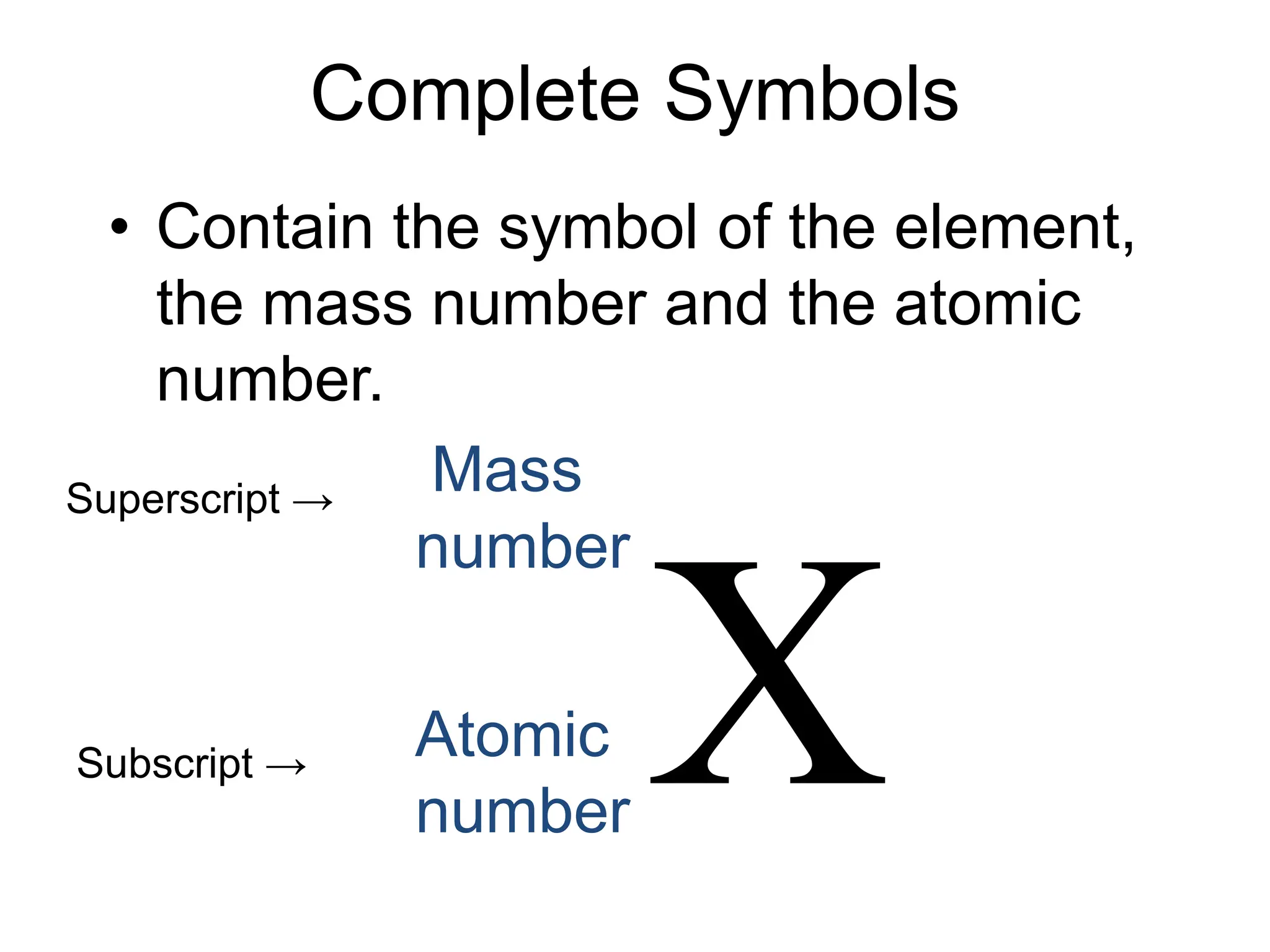 Complete Symbols
• Contain the symbol of the element,
the mass number and the atomic
number.
X
Mass
number
Atomic
number
Subscript →
Superscript →
 
