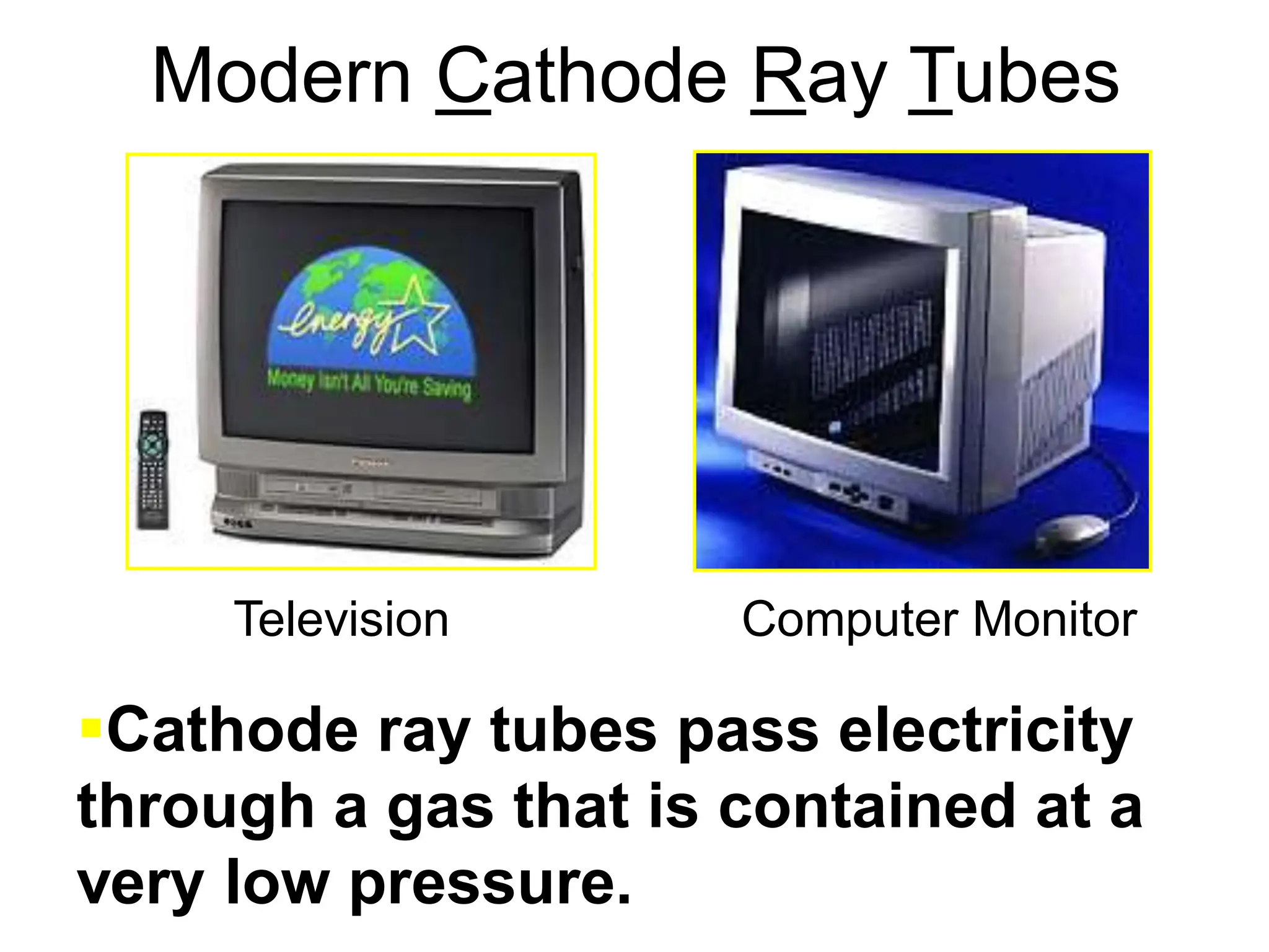 Modern Cathode Ray Tubes
Cathode ray tubes pass electricity
through a gas that is contained at a
very low pressure.
Television Computer Monitor
 