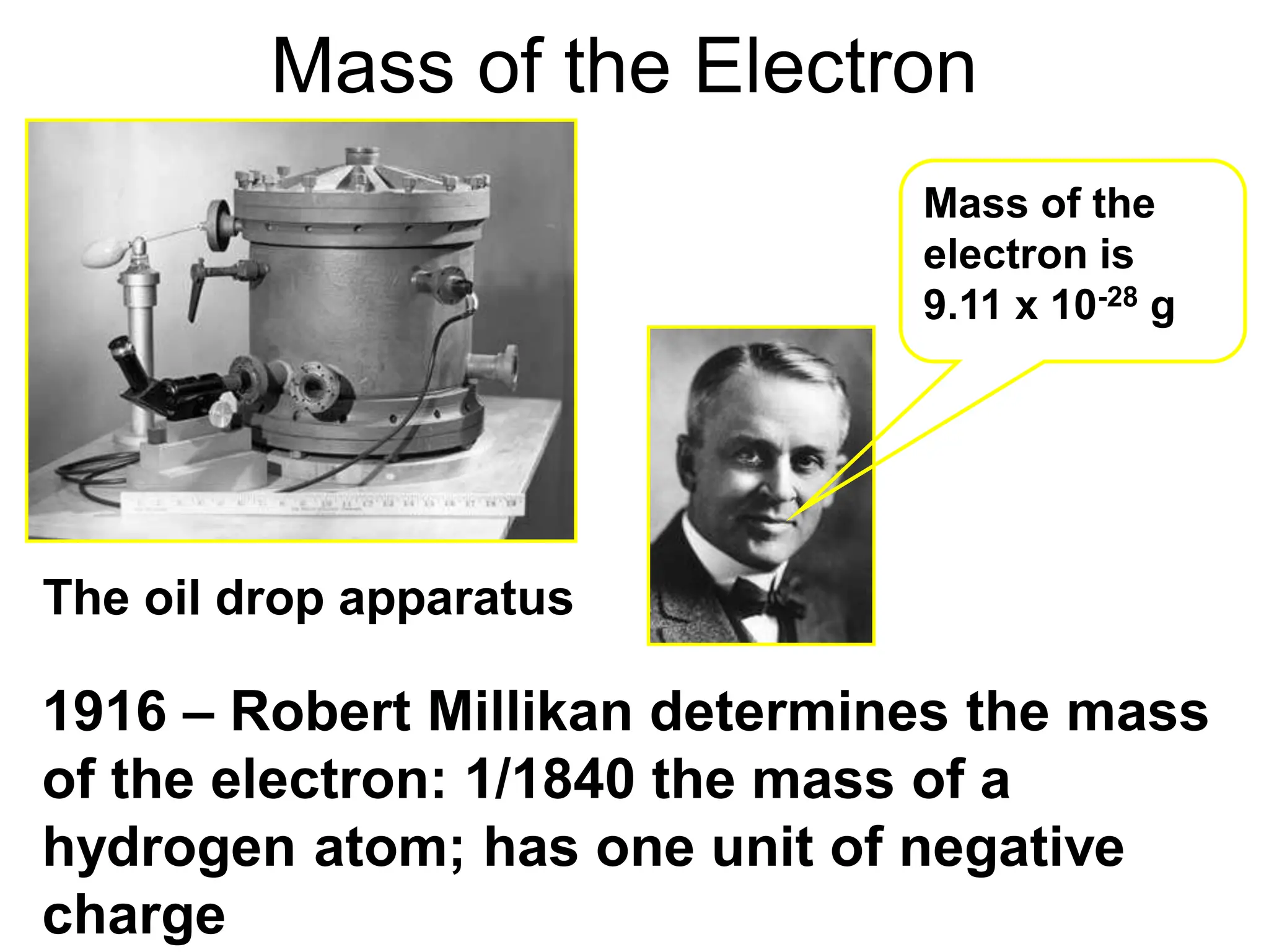 Mass of the Electron
1916 – Robert Millikan determines the mass
of the electron: 1/1840 the mass of a
hydrogen atom; has one unit of negative
charge
The oil drop apparatus
Mass of the
electron is
9.11 x 10-28 g
 