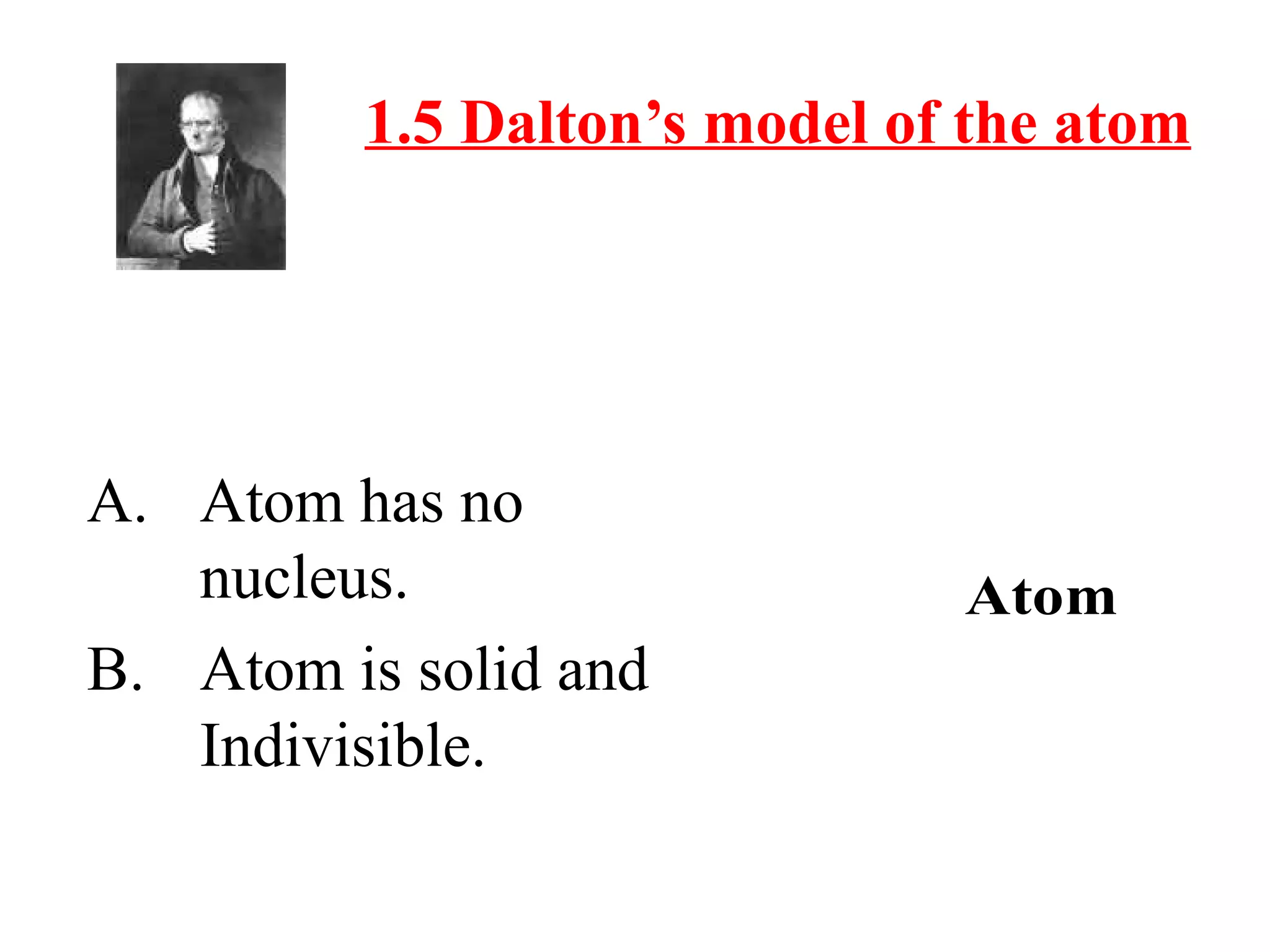 Atom
1.5 Dalton’s model of the atom
A. Atom has no
nucleus.
B. Atom is solid and
Indivisible.
 