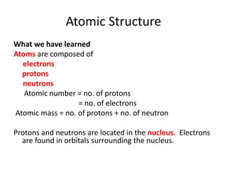 Atomic Structure
What we have learned
Atoms are composed of
electrons
protons
neutrons
Atomic number = no. of protons
= no. of electrons
Atomic mass = no. of protons + no. of neutron
Protons and neutrons are located in the nucleus. Electrons
are found in orbitals surrounding the nucleus.
 