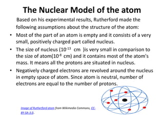 The Nuclear Model of the atom
Based on his experimental results, Rutherford made the
following assumptions about the structure of the atom:
• Most of the part of an atom is empty and it consists of a very
small, positively charged part called nucleus.
• The size of nucleus (10-13 cm )is very small in comparison to
the size of atom(10-8 cm) and it contains most of the atom's
mass. It means all the protons are situated in nucleus.
• Negatively charged electrons are revolved around the nucleus
in empty space of atom. Since atom is neutral, number of
electrons are equal to the number of protons.
Image of Rutherford atom from Wikimedia Commons, CC-
BY-SA-3.0.
 
