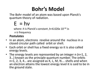 Bohr’s Model
The Bohr model of an atom was based upon Planck's
quantum theory of radiation.
E = hν
where: h is Planck's constant ,h=6.626x 10-34 Js
ν is frequency
Postulates
• In an atom, electrons revolve around the nucleus in a
closed circular path called orbit or shell.
• Each orbit or shell has a fixed energy so it is also called
energy levels.
• The energy levels are represented by an integer n (n=1, 2,
3…) known as the principle quantum number. The orbits
n=1, 2, 3, 4… are assigned as K, L, M, N…. shells and when
an electron attains the lowest energy level it is said to be in
the ground state.
 