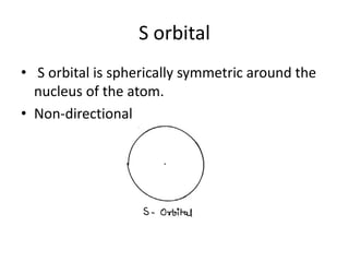 S orbital
• S orbital is spherically symmetric around the
nucleus of the atom.
• Non-directional
 