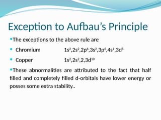 Exception to Aufbau’s Principle
The exceptions to the above rule are
 Chromium 1s2
,2s2
,2p6
,3s2
,3p6
,4s1
,3d5
 Copper 1s2
,2s2
,2,3d10
These abnormalities are attributed to the fact that half
filled and completely filled d-orbitals have lower energy or
posses some extra stability..
 