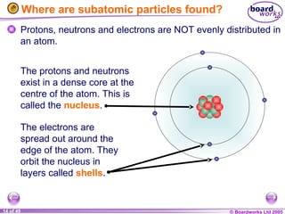 © Boardworks Ltd 2005
14 of 49
Where are subatomic particles found?
Protons, neutrons and electrons are NOT evenly distributed in
an atom.
The electrons are
spread out around the
edge of the atom. They
orbit the nucleus in
layers called shells.
The protons and neutrons
exist in a dense core at the
centre of the atom. This is
called the nucleus.
 
