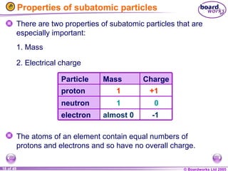 © Boardworks Ltd 2005
16 of 49
Particle Mass Charge
proton 1 +1
neutron 1 0
electron almost 0 -1
Properties of subatomic particles
There are two properties of subatomic particles that are
especially important:
1. Mass
2. Electrical charge
The atoms of an element contain equal numbers of
protons and electrons and so have no overall charge.
 