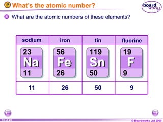 © Boardworks Ltd 2005
18 of 49
What’s the atomic number?
What are the atomic numbers of these elements?
11
sodium
26
iron
50
tin
9
fluorine
 