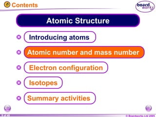 © Boardworks Ltd 2005
9 of 49
Atomic Structure
Electron configuration
Summary activities
Isotopes
Introducing atoms
Atomic number and mass number
Contents
 