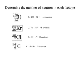 Determine the number of neutron in each isotope
1. 238 – 92 = 146 neutrons
2. 84 – 36 = 48 neutrons
3. 35 – 17 = 18 neutrons
4. 14 – 6 = 8 neutrons
 