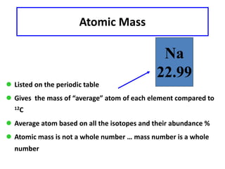 Atomic Mass
 Listed on the periodic table
 Gives the mass of “average” atom of each element compared to
12C
 Average atom based on all the isotopes and their abundance %
 Atomic mass is not a whole number … mass number is a whole
number
Na
22.99
 