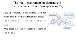 The mass spectrum of an element and
relative atomic mass (mass spectrometer)
- Mass spectroscopy is the method used for
determining the atomic and molecular masses
- The proportion of each isotope present as one
peak.
- Area under the peak represents the atoms of
each isotops.
10
 