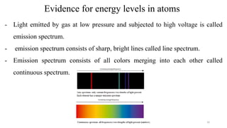 Evidence for energy levels in atoms
- Light emitted by gas at low pressure and subjected to high voltage is called
emission spectrum.
- emission spectrum consists of sharp, bright lines called line spectrum.
- Emission spectrum consists of all colors merging into each other called
continuous spectrum.
16
 