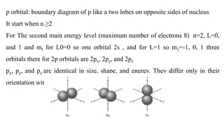p orbital: boundary diagram of p like a two lobes on opposite sides of nucleus
It start when n ≥2
For The second main energy level (maximum number of electrons 8) n=2, L=0,
and 1 and ml for L0=0 so one orbital 2s , and for L=1 so m1=-1, 0, 1 three
orbitals there for 2p orbitals are 2px, 2py, and 2pz
px, py, and pz are identical in size, shape, and energy. They differ only in their
orientation with respect to each other.
 