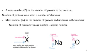 - Atomic number (Z): is the number of protons in the nucleus.
Number of protons in an atom = number of electrons
- Mass number (A): is the number of protons and neutrons in the nucleus.
Number of neutrons= mass number – atomic number
4
 