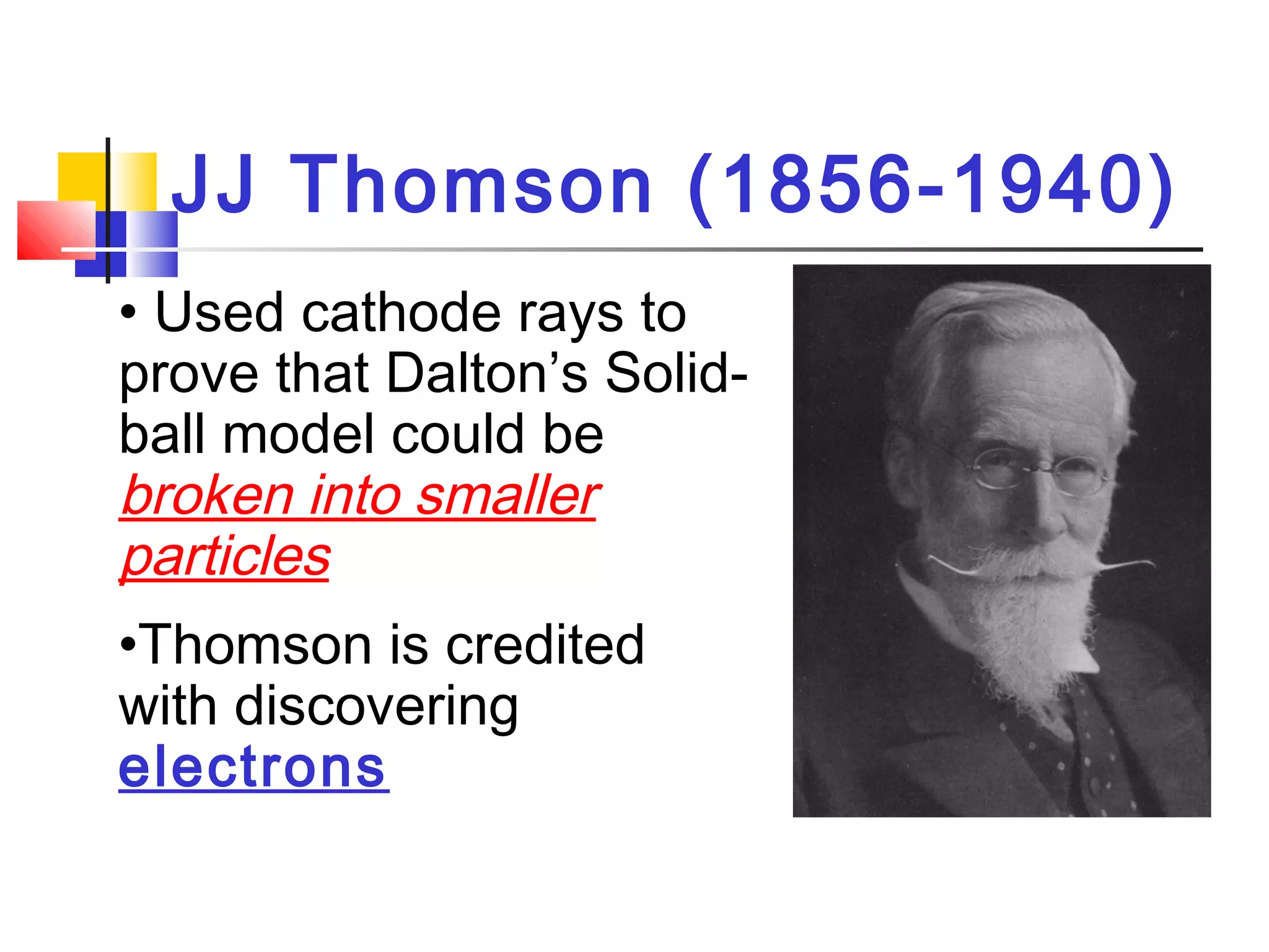 JJ Thomson (1856-1940)
• Used cathode rays to
prove that Dalton’s Solid-
ball model could be
broken into smaller
particles
•Thomson is credited
with discovering
electrons
 