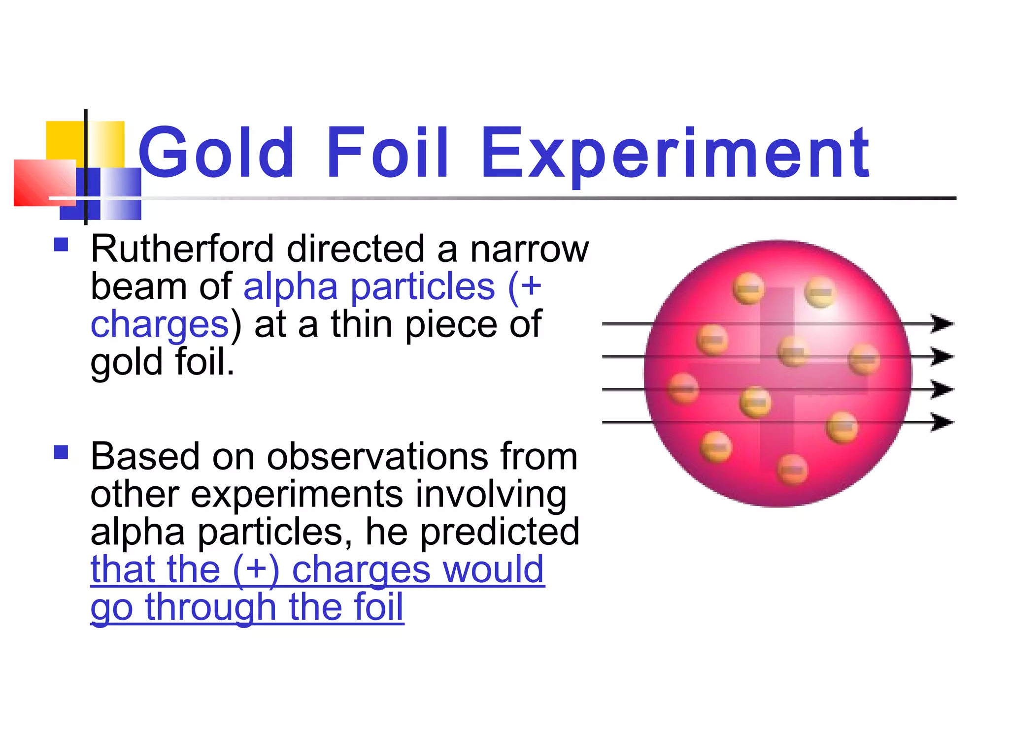 Gold Foil Experiment
 Rutherford directed a narrow
beam of alpha particles (+
charges) at a thin piece of
gold foil.
 Based on observations from
other experiments involving
alpha particles, he predicted
that the (+) charges would
go through the foil
 