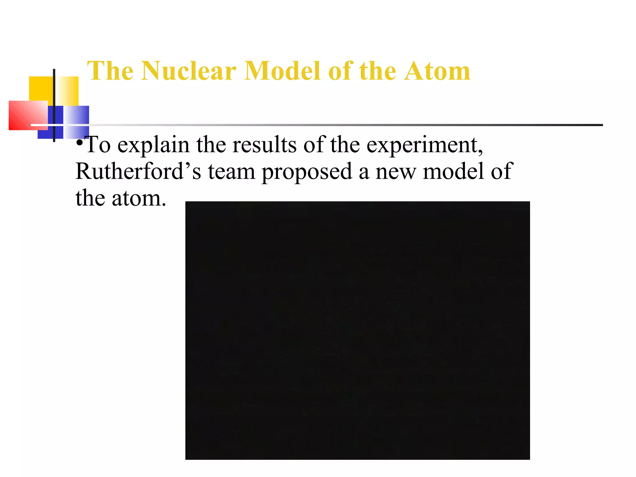 The Nuclear Model of the Atom
•To explain the results of the experiment,
Rutherford’s team proposed a new model of
the atom.
 