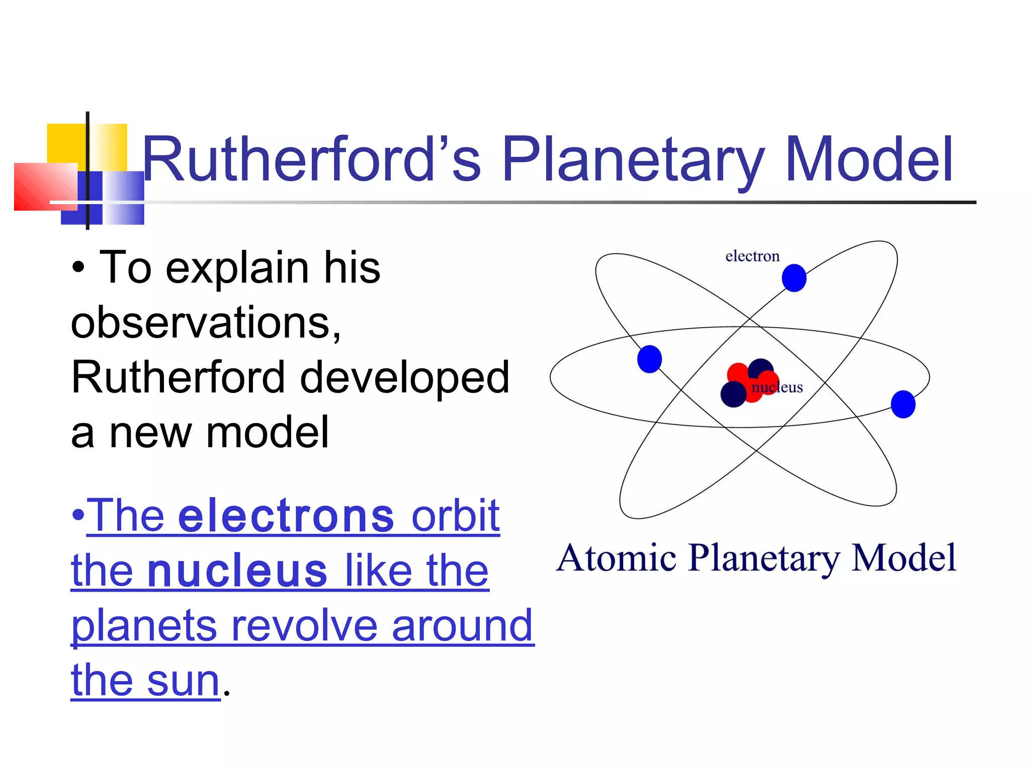 Rutherford’s Planetary Model
• To explain his
observations,
Rutherford developed
a new model
•The electrons orbit
the nucleus like the
planets revolve around
the sun.
 