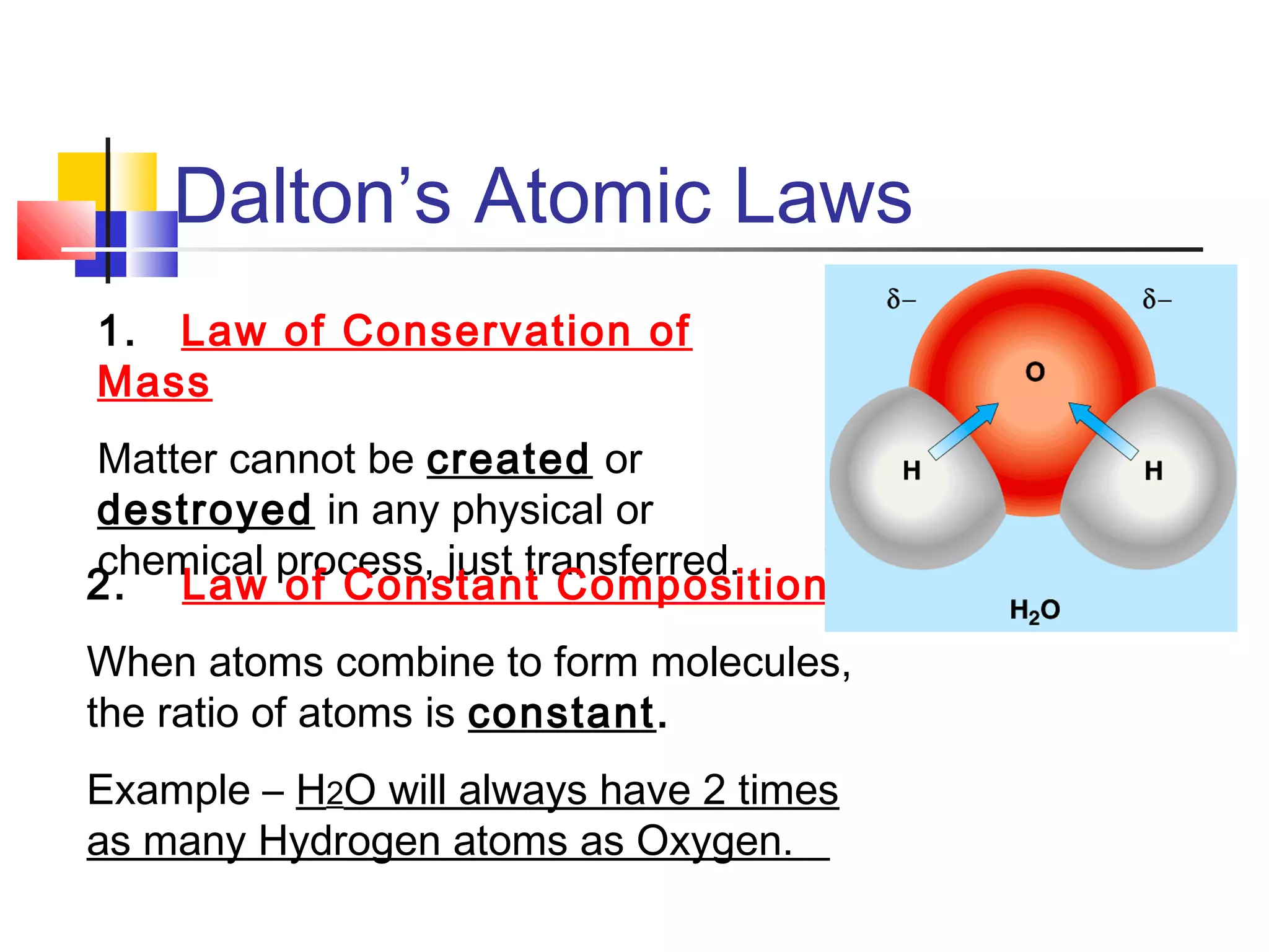 Dalton’s Atomic Laws
1. Law of Conservation of
Mass
Matter cannot be created or
destroyed in any physical or
chemical process, just transferred.
2. Law of Constant Composition
When atoms combine to form molecules,
the ratio of atoms is constant.
Example – H2O will always have 2 times
as many Hydrogen atoms as Oxygen.
 