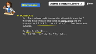 5th POSTULATE
 Each stationary orbit is associated with definite amount of E
therefore these orbits are also called as energy levels and are
numbered as 1, 2, 3, 4, 5…… or K, L, M, N, O…… from the nucleus
outwards.
E1 < E2 < E3 < E4 < E5…….
(E2 – E1) > (E3 – E2) > (E4 – E3) > (E5 – E4)……
Bohr’s model
Atomic Structure Lecture- 3
 