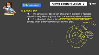 6th POSTULATE
 The emission or absorption of energy in the form of radiation
can occur only when e– jumps from one stationary state to another.
 E is absorbed when e– jumps from inner to outer orbit and
emitted when e– moves from outer to inner orbit.
Bohr’s model
Atomic Structure Lecture- 3
 