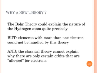 WHY A NEW THEORY ?
The Bohr Theory could explain the nature of
the Hydrogen atom quite precisely
BUT: elements with more than one electron
could not be handled by this theory
AND: the classical theory cannot explain
why there are only certain orbits that are
“allowed” for electrons.
29
 