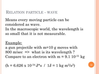 RELATION PARTICLE - WAVE
Means every moving particle can be
considered as wave.
In the macroscopic world, the wavelength is
so small that it is not measurable.
Example:
a gun projectile with m=10 g moves with
800 m/sec => what is its wavelength ?
Compare to an electron with m = 9.1 10-31 kg
(h = 6.626 x 10-34 J*s / 1J = 1 kg m2/s2) 32
 