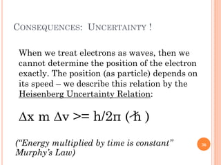 CONSEQUENCES: UNCERTAINTY !
When we treat electrons as waves, then we
cannot determine the position of the electron
exactly. The position (as particle) depends on
its speed – we describe this relation by the
Heisenberg Uncertainty Relation:
∆x m ∆v >= h/2π ( h )
(“Energy multiplied by time is constant”
Murphy’s Law)
36
 