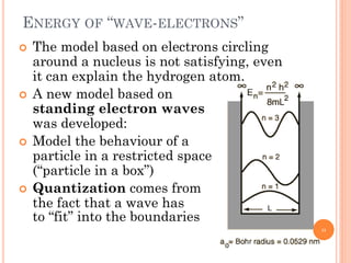 ENERGY OF “WAVE-ELECTRONS”
 The model based on electrons circling
around a nucleus is not satisfying, even
it can explain the hydrogen atom.
 A new model based on
standing electron waves
was developed:
 Model the behaviour of a
particle in a restricted space
(“particle in a box”)
 Quantization comes from
the fact that a wave has
to “fit” into the boundaries
37
 