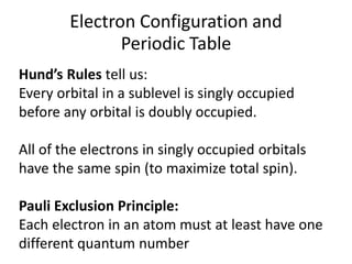 Electron Configuration and
Periodic Table
Hund’s Rules tell us:
Every orbital in a sublevel is singly occupied
before any orbital is doubly occupied.
All of the electrons in singly occupied orbitals
have the same spin (to maximize total spin).
Pauli Exclusion Principle:
Each electron in an atom must at least have one
different quantum number
 