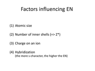 Factors influencing EN
(1) Atomic size
(2) Number of inner shells (=> Z*)
(3) Charge on an ion
(4) Hybridization
(the more s-character, the higher the EN)
 
