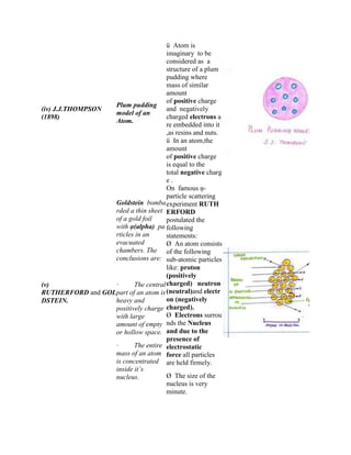 (iv) J.J.THOMPSON
(1898)
Plum pudding
model of an
Atom.
ü Atom is
imaginary to be
considered as a
structure of a plum
pudding where
mass of similar
amount
of positive charge
and negatively
charged electrons a
re embedded into it
,as resins and nuts.
ü In an atom,the
amount
of positive charge
is equal to the
total negative charg
e .
(v)
RUTHERFORD and GOL
DSTEIN.
Goldstein bomba
rded a thin sheet
of a gold foil
with ᾳ(alpha) pa
rticles in an
evacuated
chambers. The
conclusions are:
· The central
part of an atom is
heavy and
positively charge
with large
amount of empty
or hollow space.
· The entire
mass of an atom
is concentrated
inside it’s
nucleus.
On famous ᾳ-
particle scattering
experiment RUTH
ERFORD
postulated the
following
statements:
Ø An atom consists
of the following
sub-atomic particles
like: proton
(positively
charged) neutron
(neutral)and electr
on (negatively
charged).
Ø Electrons surrou
nds the Nucleus
and due to the
presence of
electrostatic
force all particles
are held firmely.
Ø The size of the
nucleus is very
minute.
 