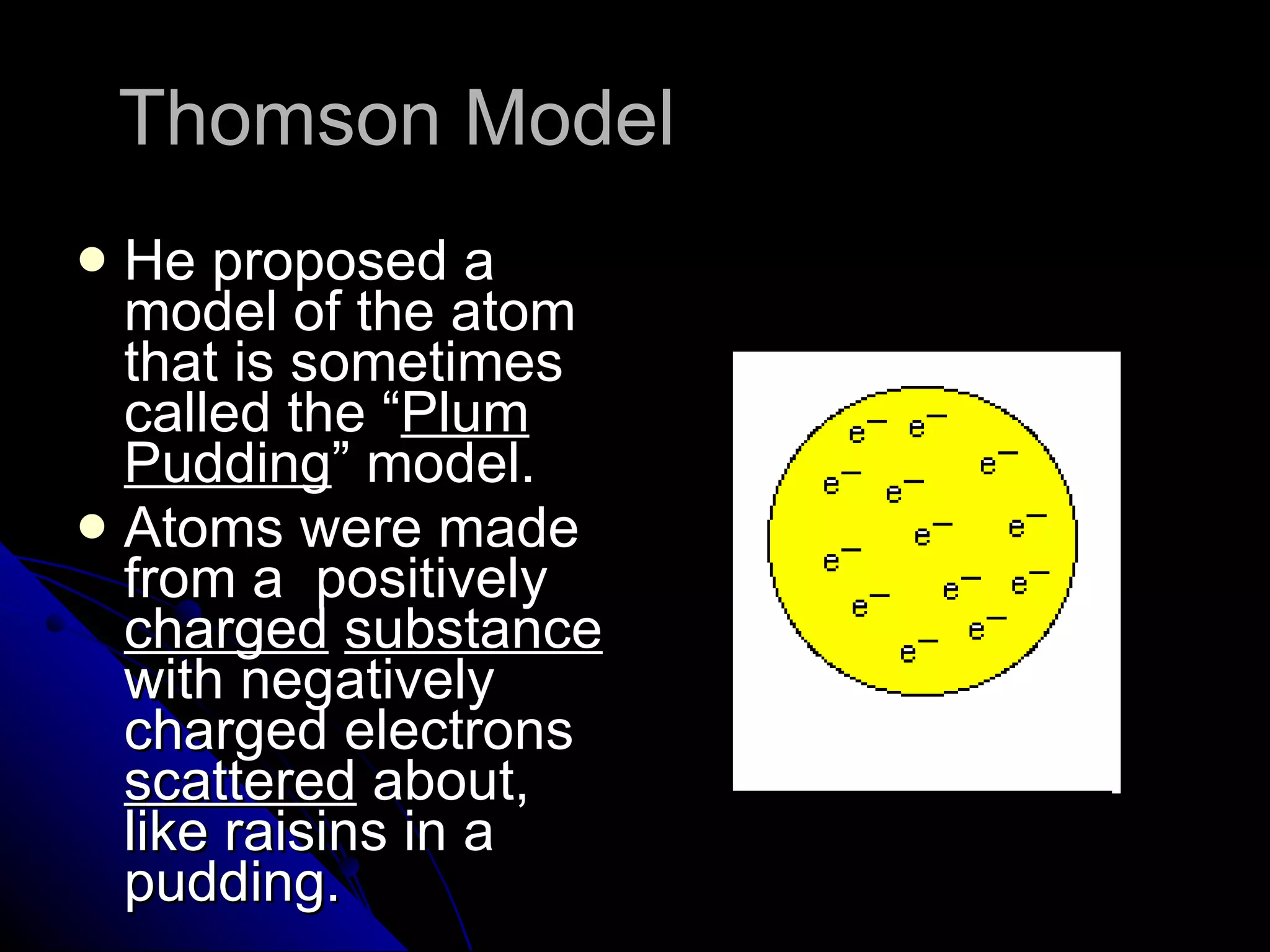 Thomson Model He proposed a model of the atom that is sometimes called the “ Plum   Pudding ” model.  Atoms were made from a  positively  charged   substance  with negatively  charged electrons  scattered  about, like raisins in a pudding. 