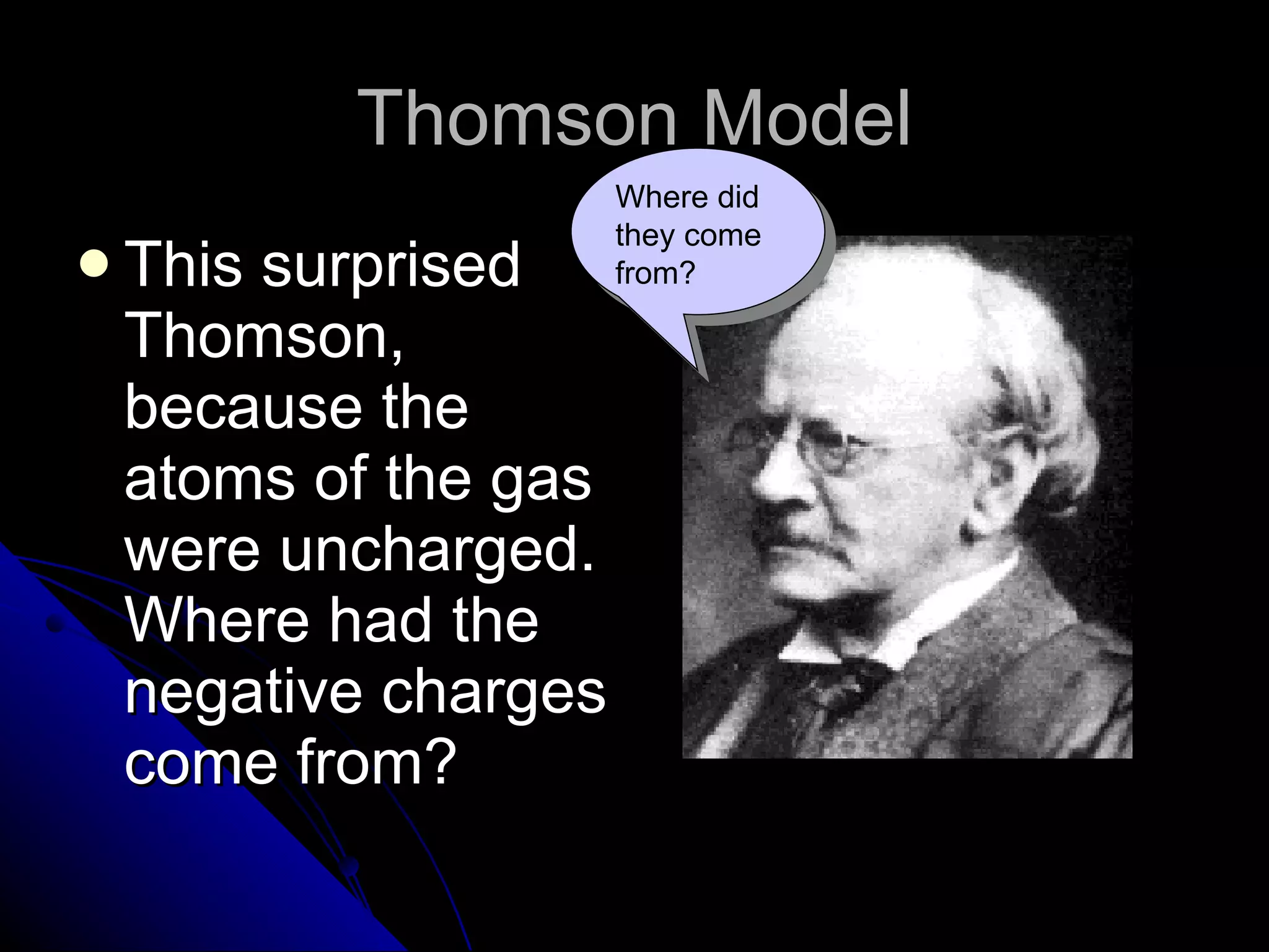 Thomson Model This surprised Thomson, because the atoms of the gas were uncharged. Where had the negative charges come from? Where did they come from? 