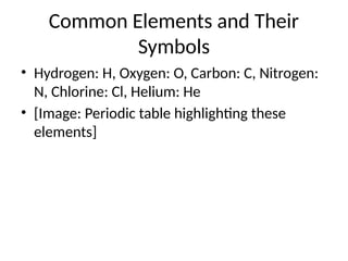 Common Elements and Their
Symbols
• Hydrogen: H, Oxygen: O, Carbon: C, Nitrogen:
N, Chlorine: Cl, Helium: He
• [Image: Periodic table highlighting these
elements]
 