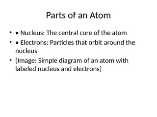 Parts of an Atom
• • Nucleus: The central core of the atom
• • Electrons: Particles that orbit around the
nucleus
• [Image: Simple diagram of an atom with
labeled nucleus and electrons]
 